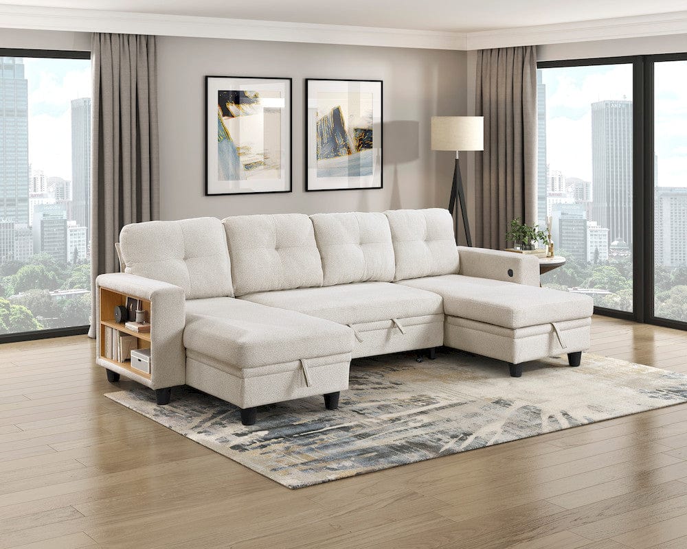 Homelegance  - Robinson Sectional W/ Two Chaises, Pull-out Bed, Shelves and Charging Ports in Beige - 9705BEx42AVC  view 9