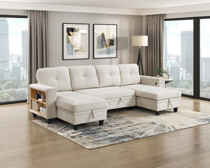 Homelegance  - Robinson Sectional W/ Two Chaises, Pull-out Bed, Shelves and Charging Ports in Beige - 9705BEx42AVC  view 9