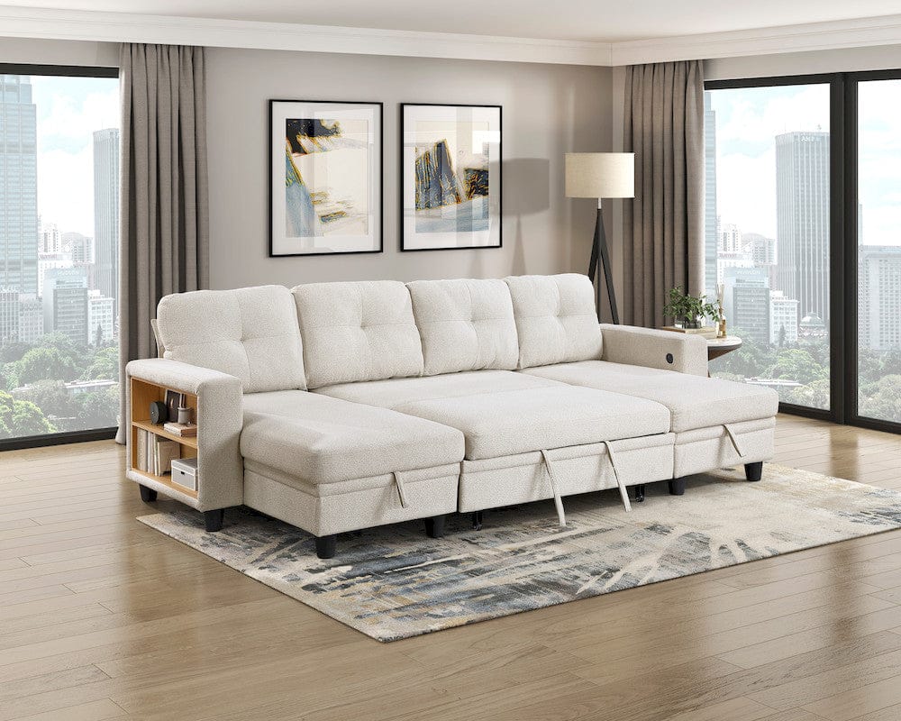 Homelegance  - Robinson Sectional W/ Two Chaises, Pull-out Bed, Shelves and Charging Ports in Beige - 9705BEx42AVC  view 12