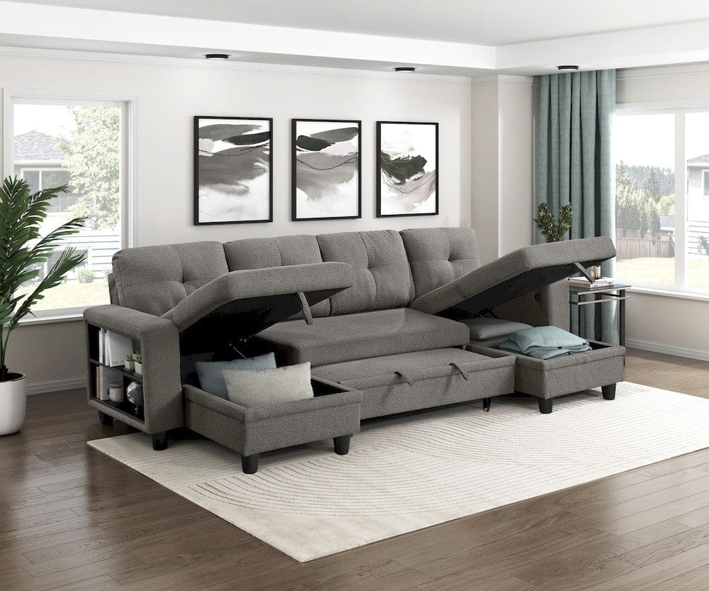 Homelegance  - Robinson Sectional W/ Two Chaises, Pull-out Bed, Shelves and Charging Ports in Dark brown - 9705DBx42AVC  view 6