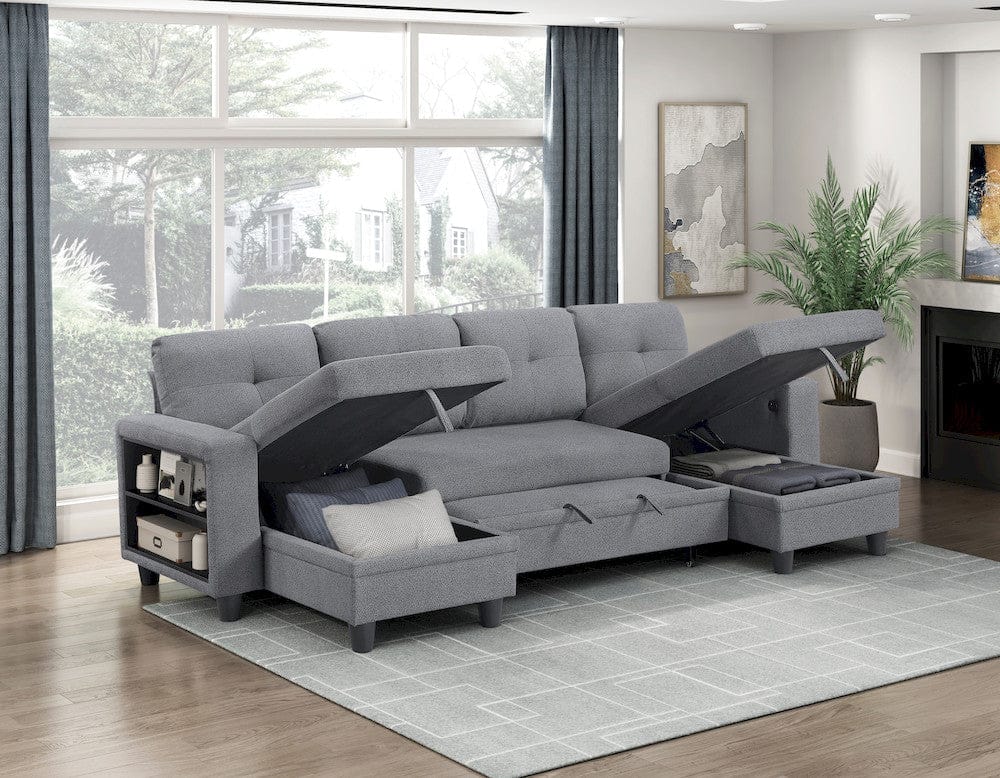 Homelegance  - Robinson Sectional W/ Two Chaises, Pull-out Bed, Shelves and Charging Ports in Gray - 9705GYx42AVC  view 7