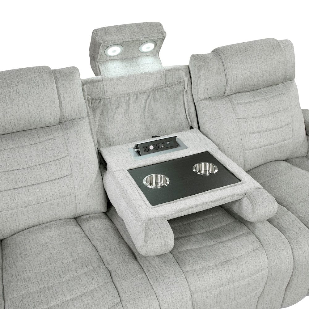 Homelegance  - Ronan Double Reclining Sofa W/ Center Drop-Down Cup Holders, Storage Arms, Cup Holders, Reading Lights, Magazine Bag, Receptacles, Charging Ports and LED in Light gray - 8455GRY-3  view 3