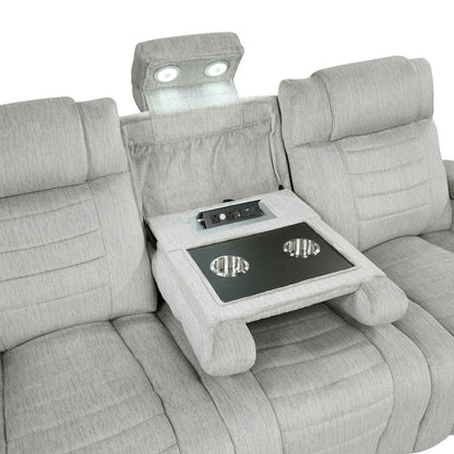 Homelegance  - Ronan Double Reclining Sofa W/ Center Drop-Down Cup Holders, Storage Arms, Cup Holders, Reading Lights, Magazine Bag, Receptacles, Charging Ports and LED in Light gray - 8455GRY-3  view 3