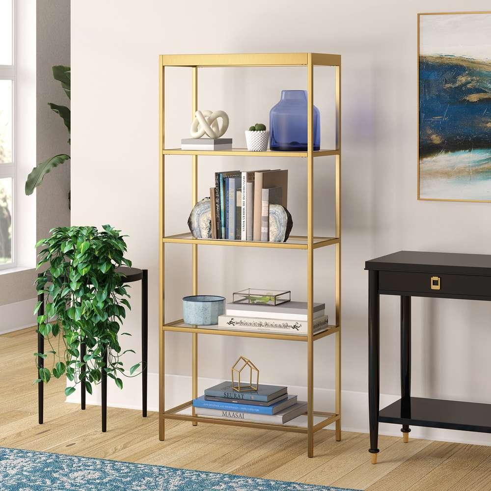 Hudson & Canal - Alexis 30in Wide Rectangular Bookcase in Brass - BK0782 veiw 2