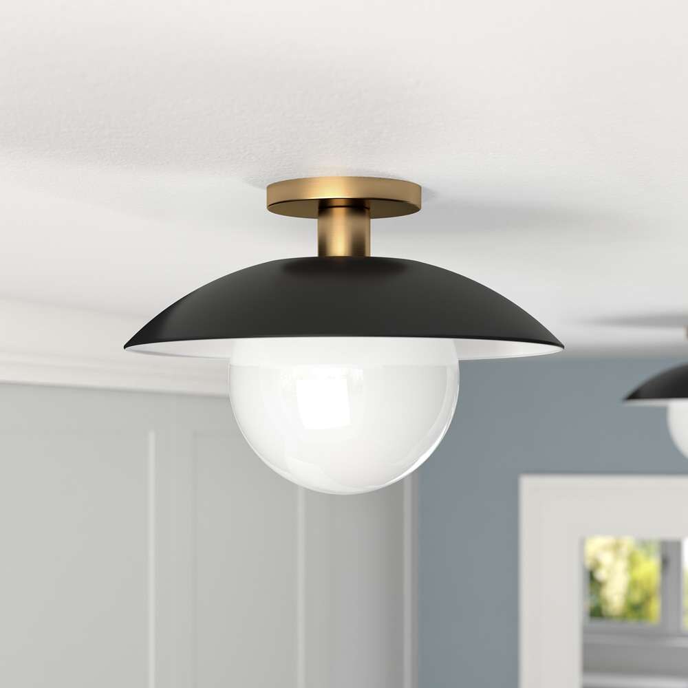 Hudson & Canal - Alvia 14.5in Wide Semi Flush Mount with Metal/Glass Shade in Matte Black/Brass/White - SF1778 veiw 2