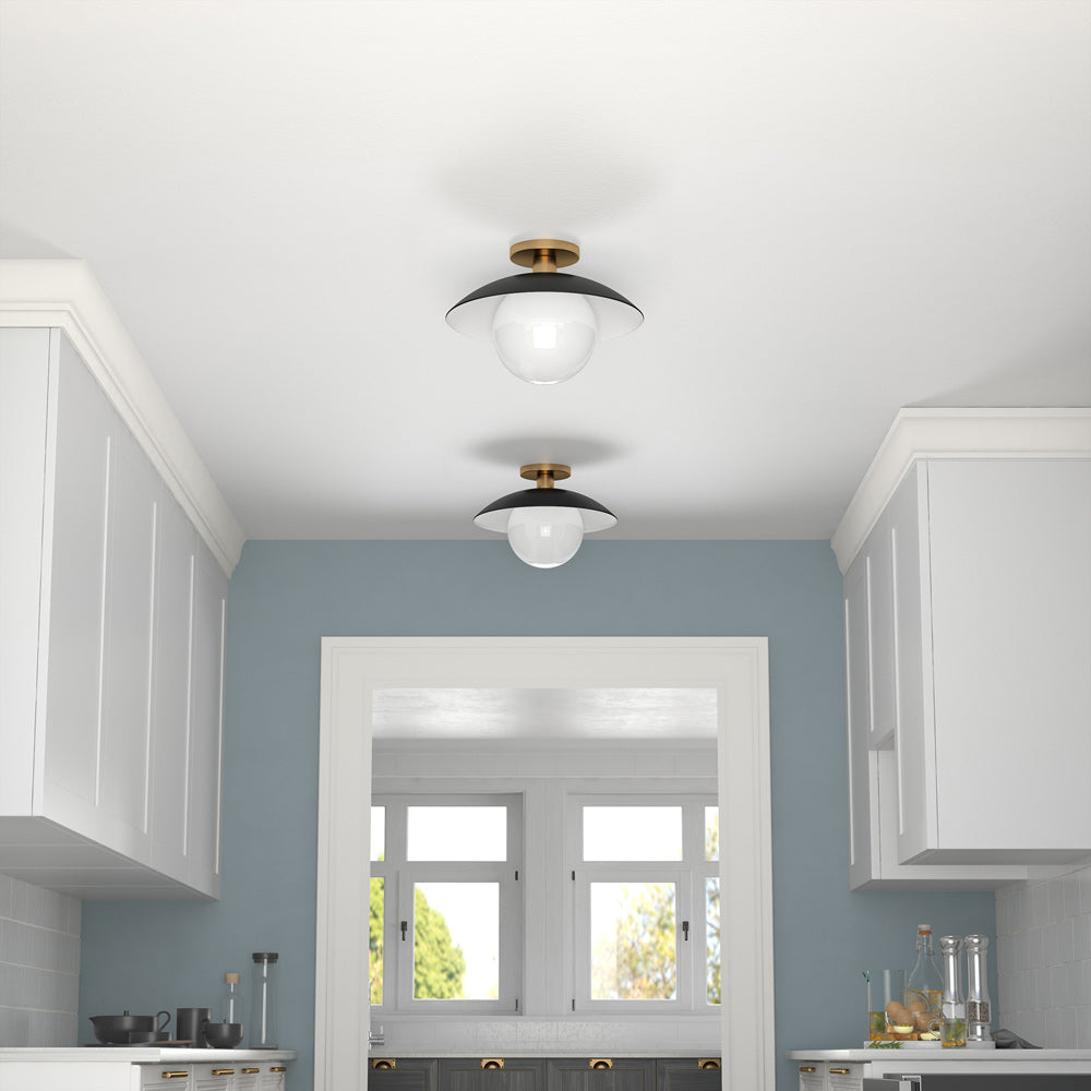 Hudson & Canal - Alvia 14.5in Wide Semi Flush Mount with Metal/Glass Shade in Matte Black/Brass/White - SF1778