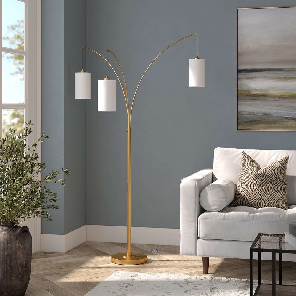 Hudson & Canal - Aspen 3-Light Torchiere Floor Lamp with Fabric Shade in Brass/White - FL1311 veiw 2