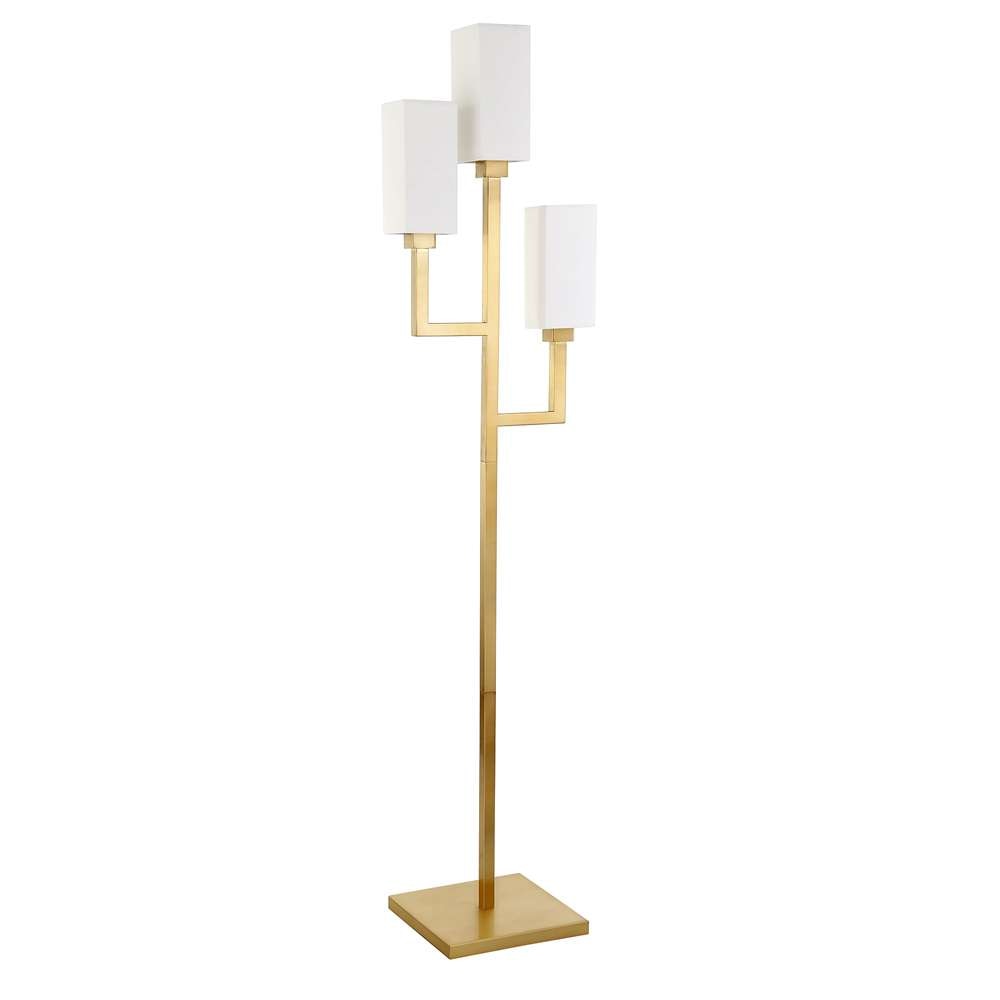 Hudson & Canal - Basso 3-Light Torchiere Floor Lamp with Fabric Shade in Brass/White - FL0601 veiw 1