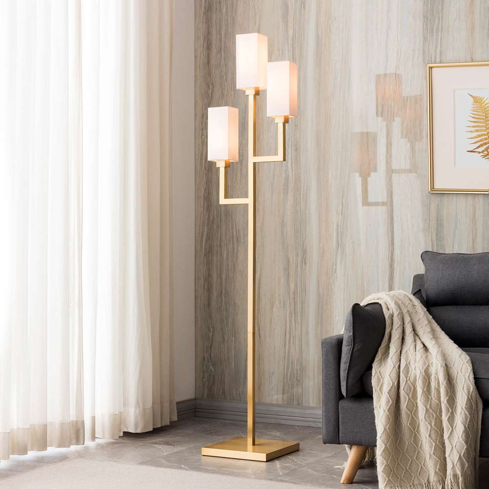 Hudson & Canal - Basso 3-Light Torchiere Floor Lamp with Fabric Shade in Brass/White - FL0601 veiw 2