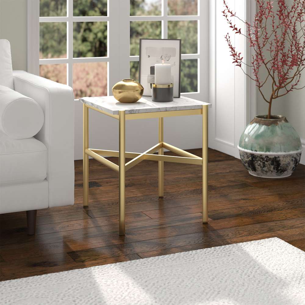 Hudson & Canal - Braxton 21.25in Wide Rectangular Side Table with Faux Marble Top in Gold - ST0866 veiw 2