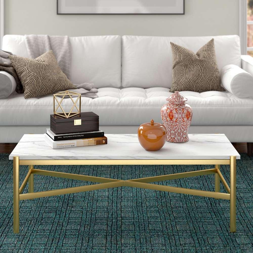 Hudson & Canal - Braxton 46in Wide Rectangular Coffee Table with Faux Marble Top in Gold - CT0865 veiw 2