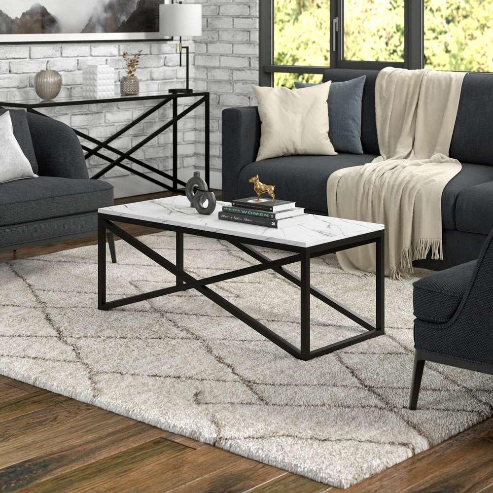 Hudson & Canal - Calix 46in Wide Rectangular Coffee Table with Faux Marble Top in Blackened Bronze - CT1563 veiw 2