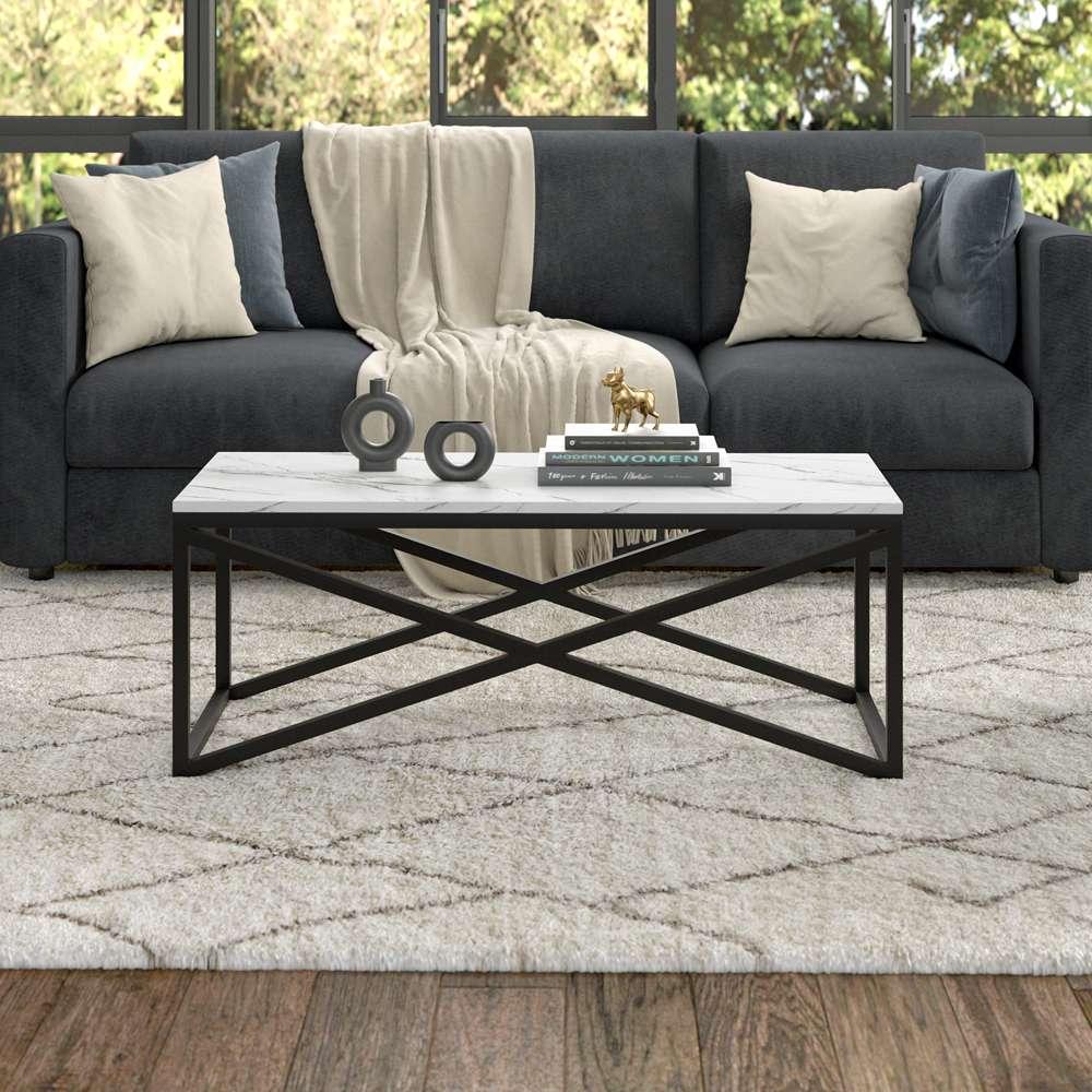 Hudson & Canal - Calix 46in Wide Rectangular Coffee Table with Faux Marble Top in Blackened Bronze - CT1563 veiw 5