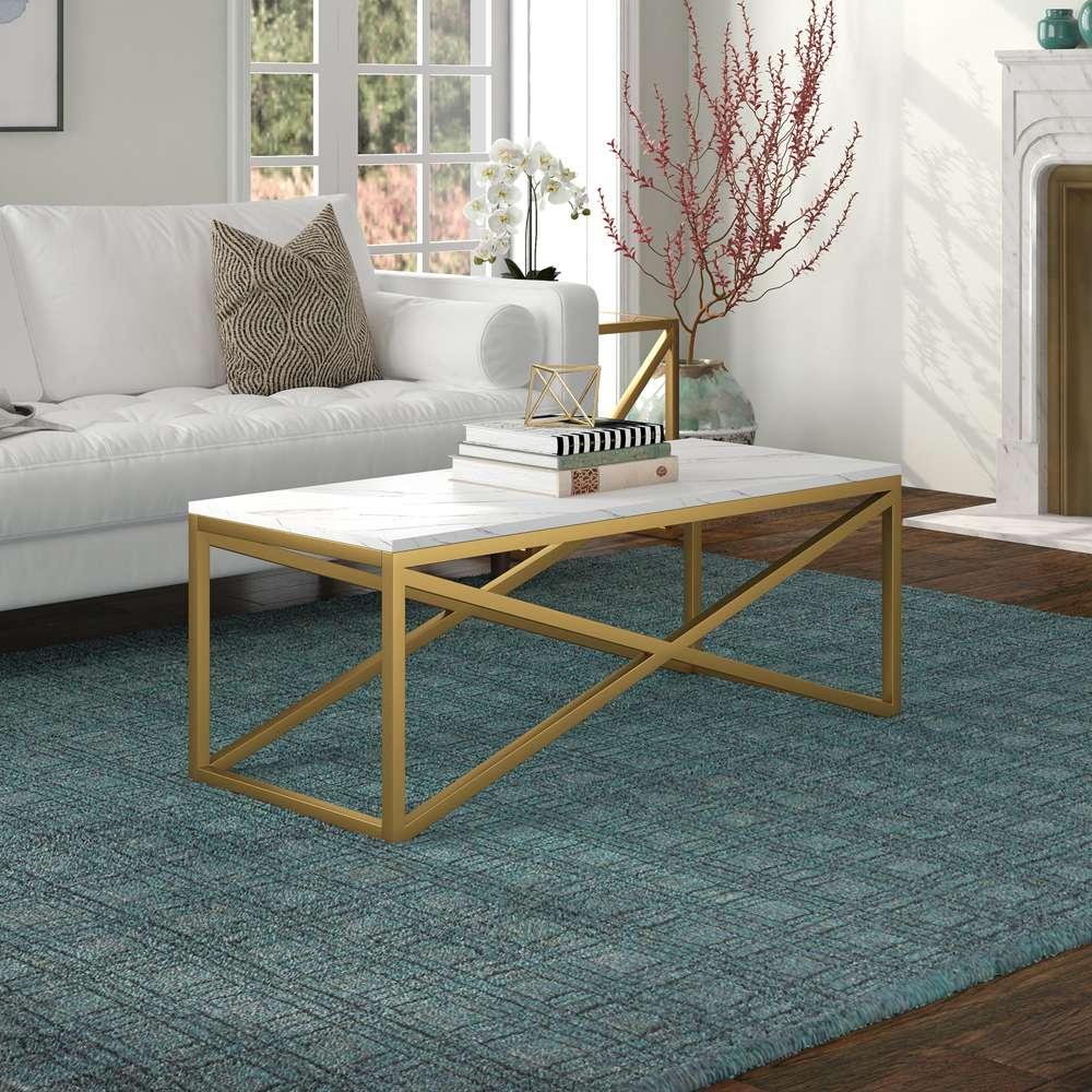 Hudson & Canal - Calix 46in Wide Rectangular Coffee Table with Faux Marble Top in Brass - CT1564 veiw 2