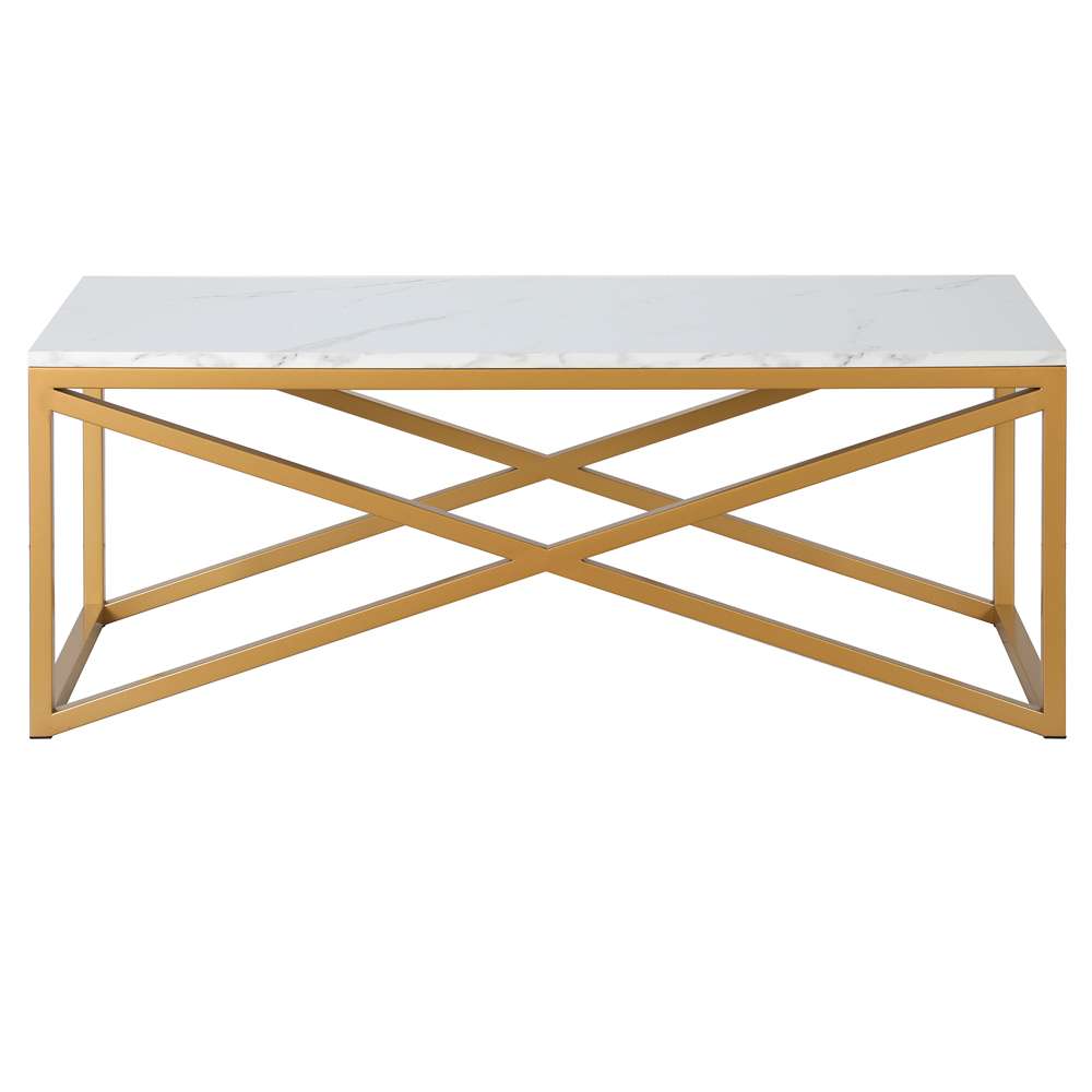 Hudson & Canal - Calix 46in Wide Rectangular Coffee Table with Faux Marble Top in Brass - CT1564 veiw 3