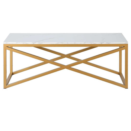 Hudson & Canal - Calix 46in Wide Rectangular Coffee Table with Faux Marble Top in Brass - CT1564 veiw 3