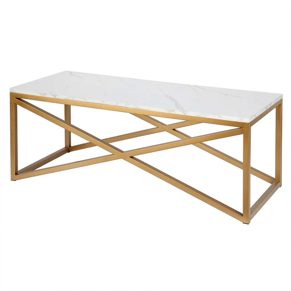 Hudson & Canal - Calix 46in Wide Rectangular Coffee Table with Faux Marble Top in Brass - CT1564 veiw 4