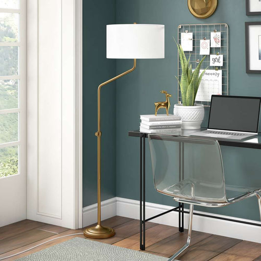 Hudson & Canal - Callum Height-Adjustable Floor Lamp with Fabric Shade in Brushed Brass/White - FL0801 veiw 2