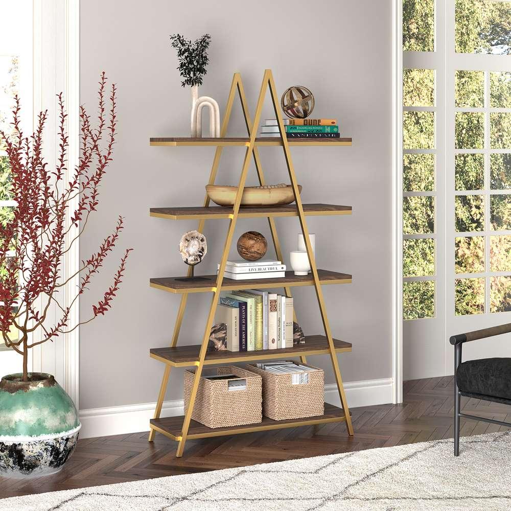 Hudson & Canal - Conry 68in Tall A-Frame Bookcase in Gold/Walnut - BK1305 veiw 2