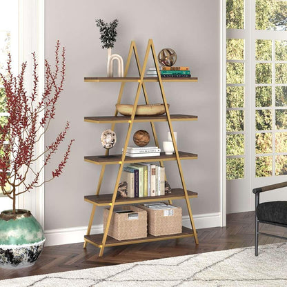 Hudson & Canal - Conry 68in Tall A-Frame Bookcase in Gold/Walnut - BK1305 veiw 2