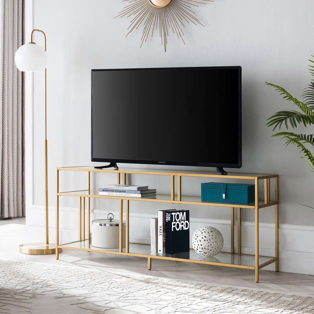Hudson & Canal - Cortland Rectangular TV Stand with Glass Shelves for TVs up to 60in in Brass - TV0488 veiw 2