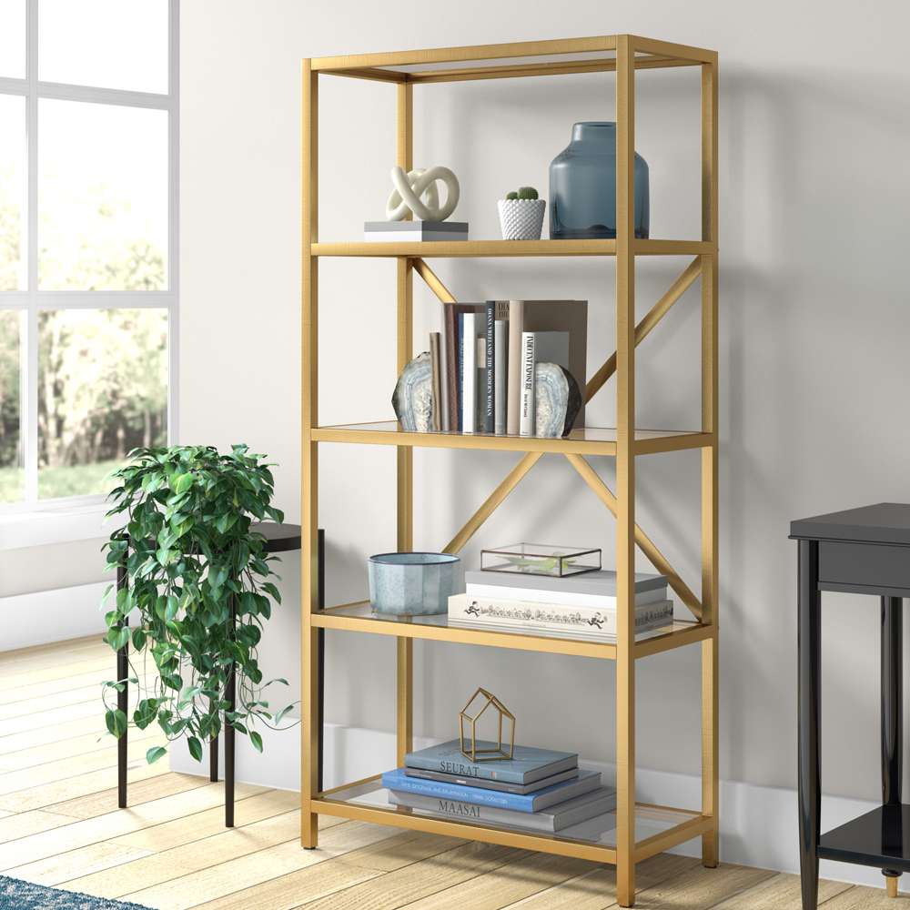 Hudson & Canal - Etta 63in Tall Rectangular Bookcase in Brushed Brass - BK0439 veiw 2