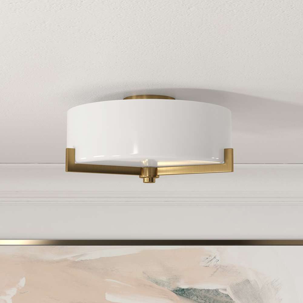 Hudson & Canal - Hamlin 17in Wide 2-Light Semi Flush Mount with Glass Shade in Brushed Brass/White - SF1785 veiw 2