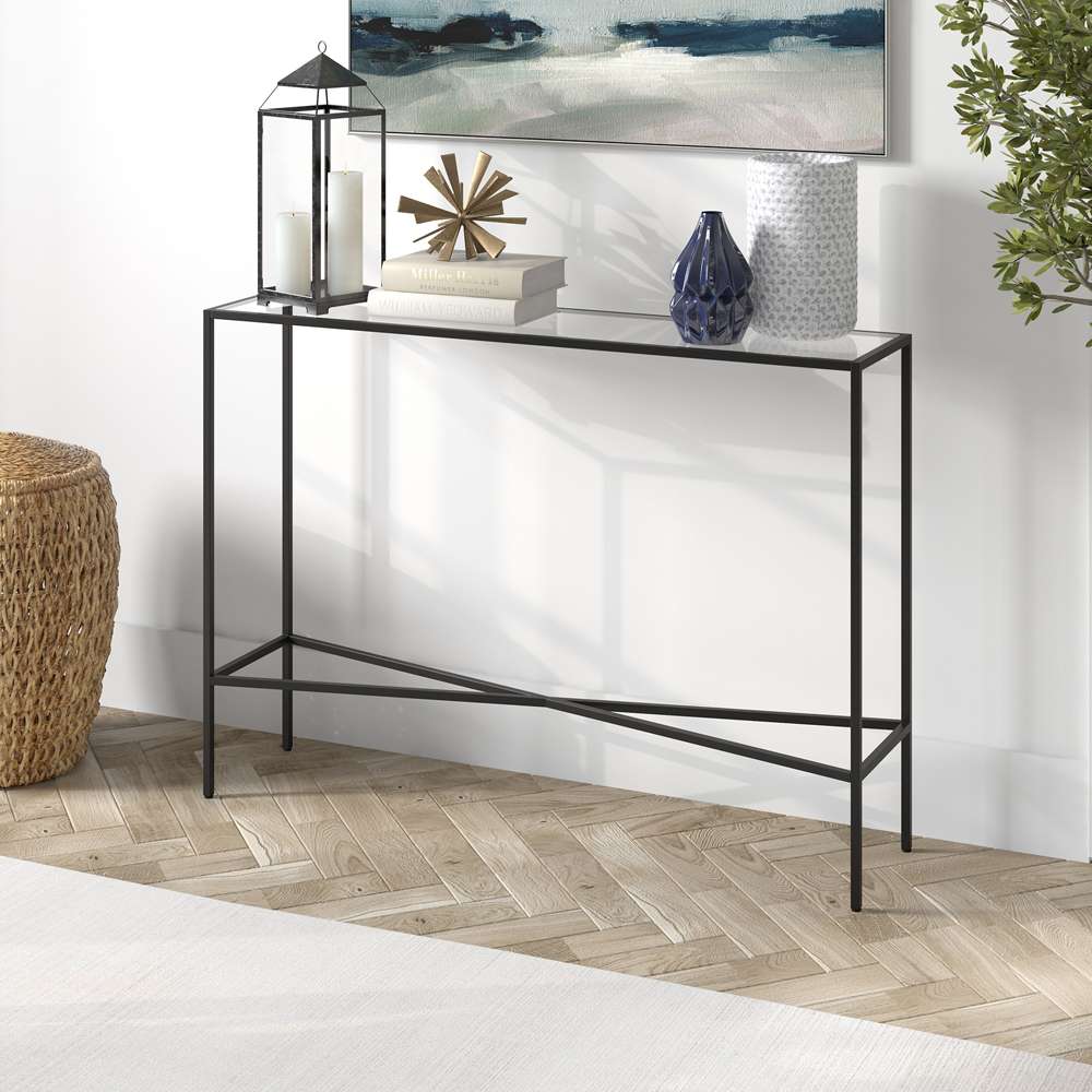 Hudson & Canal - Henley 42in Wide Rectangular Console Table with Glass Top in Blackened Bronze - AT1278 veiw 2