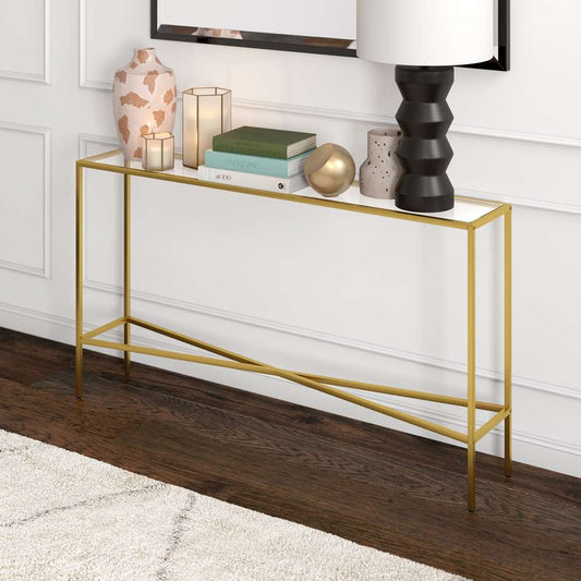 Hudson & Canal - Henley 55in Wide Rectangular Console Table with Glass Top in Brass - AT0822 veiw 2