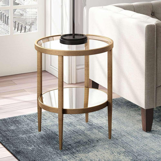 Hudson & Canal - Hera 20in Wide Round Side Table with Mirror Shelf in Antique Brass - ST0133 veiw 2