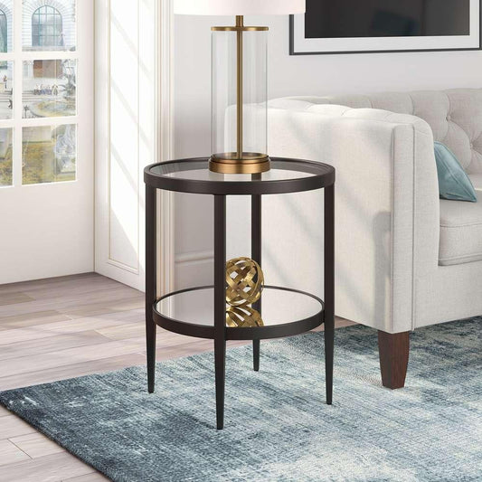 Hudson & Canal - Hera 20in Wide Round Side Table with Mirror Shelf in Blackened Bronze - ST0142 veiw 2