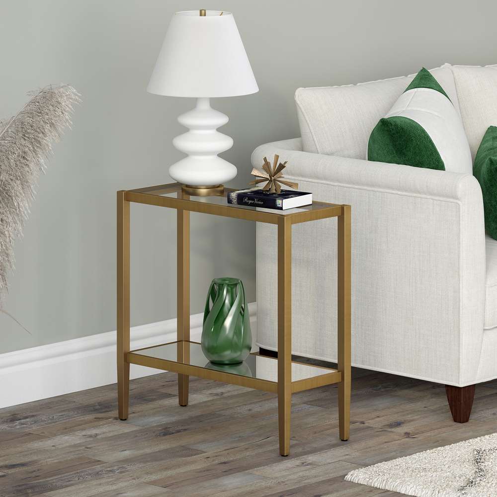 Hudson & Canal - Hera 24in Wide Rectangular Side Table with Glass Shelf in Antique Brass - ST1313 veiw 2