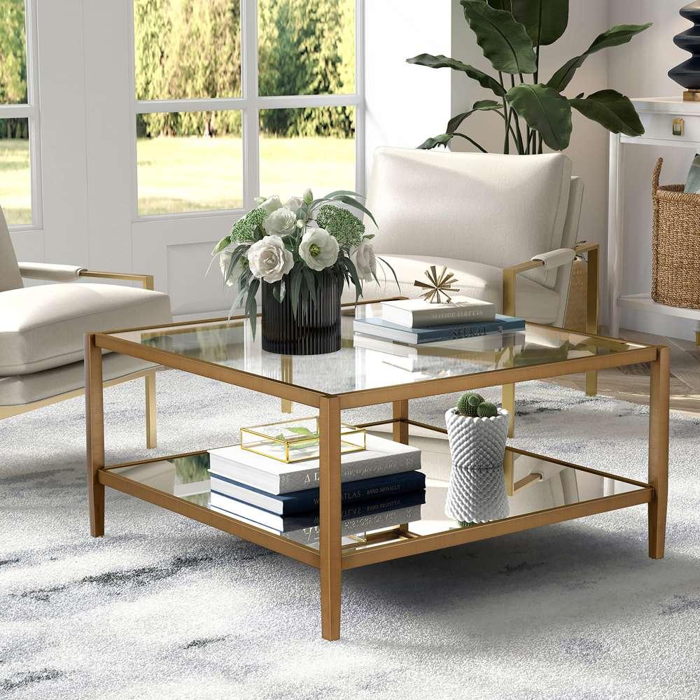 Hudson & Canal - Hera 32in Wide Square Coffee Table with Mirror Shelf in Antique Brass - CT0454 veiw 2