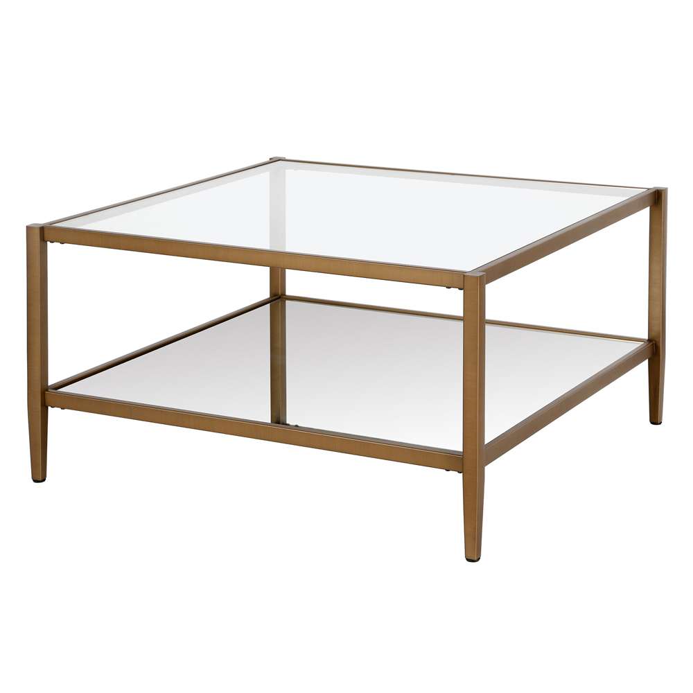 Hudson & Canal - Hera 32in Wide Square Coffee Table with Mirror Shelf in Antique Brass - CT0454 veiw 4