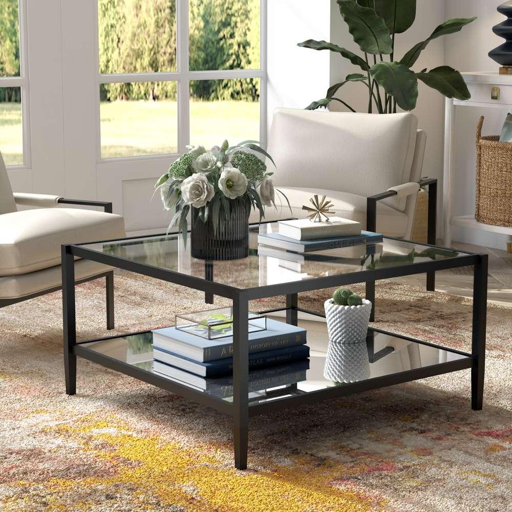 Hudson & Canal - Hera 32in Wide Square Coffee Table with Mirror Shelf in Blackened Bronze - CT0453 veiw 2