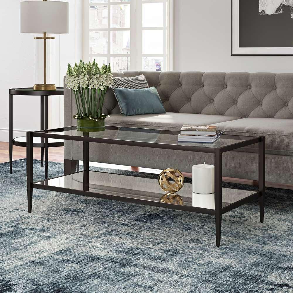 Hudson & Canal - Hera 45in Wide Rectangular Coffee Table with Mirror Shelf in Blackened Bronze - CT0141 veiw 2