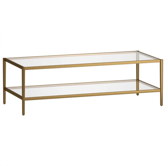 Hudson & Canal - Hera 54in Wide Rectangular Coffee Table with Glass Shelf in Antique Brass - CT1229 veiw 1