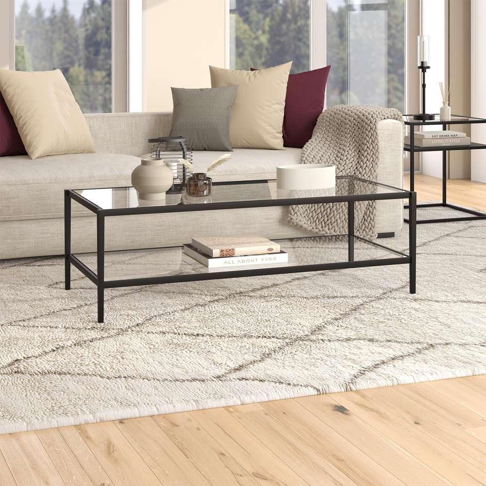 Hudson & Canal - Hera 54in Wide Rectangular Coffee Table with Glass Shelf in Blackened Bronze - CT1228 veiw 2