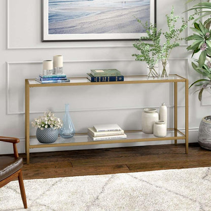 Hudson & Canal - Hera 64in Wide Rectangular Console Table with Glass Shelf in Brushed Brass - AT1549 veiw 2