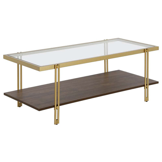 Hudson & Canal - Inez 45in Wide Rectangular Coffee Table with MDF Shelf in Brass/Walnut - CT1557 veiw 1