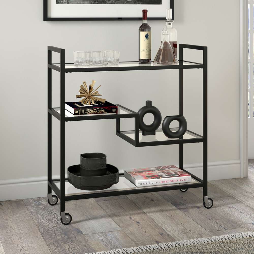 Hudson & Canal - Lovett 33in Wide Rectangular Bar Cart with Glass Shelves in Blackened Bronze - BC1740 veiw 2