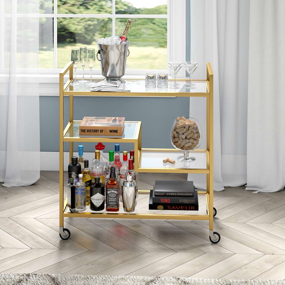 Hudson & Canal - Lovett 33in Wide Rectangular Bar Cart with Glass Shelves in Brass - BC1741 veiw 2