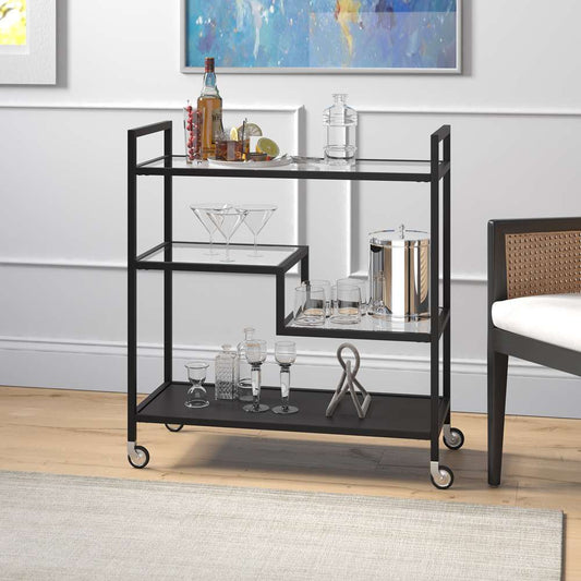 Hudson & Canal - Lovett 33in Wide Rectangular Bar Cart with Glass and Metal Shelves in Blackened Bronze - BC1742 veiw 2