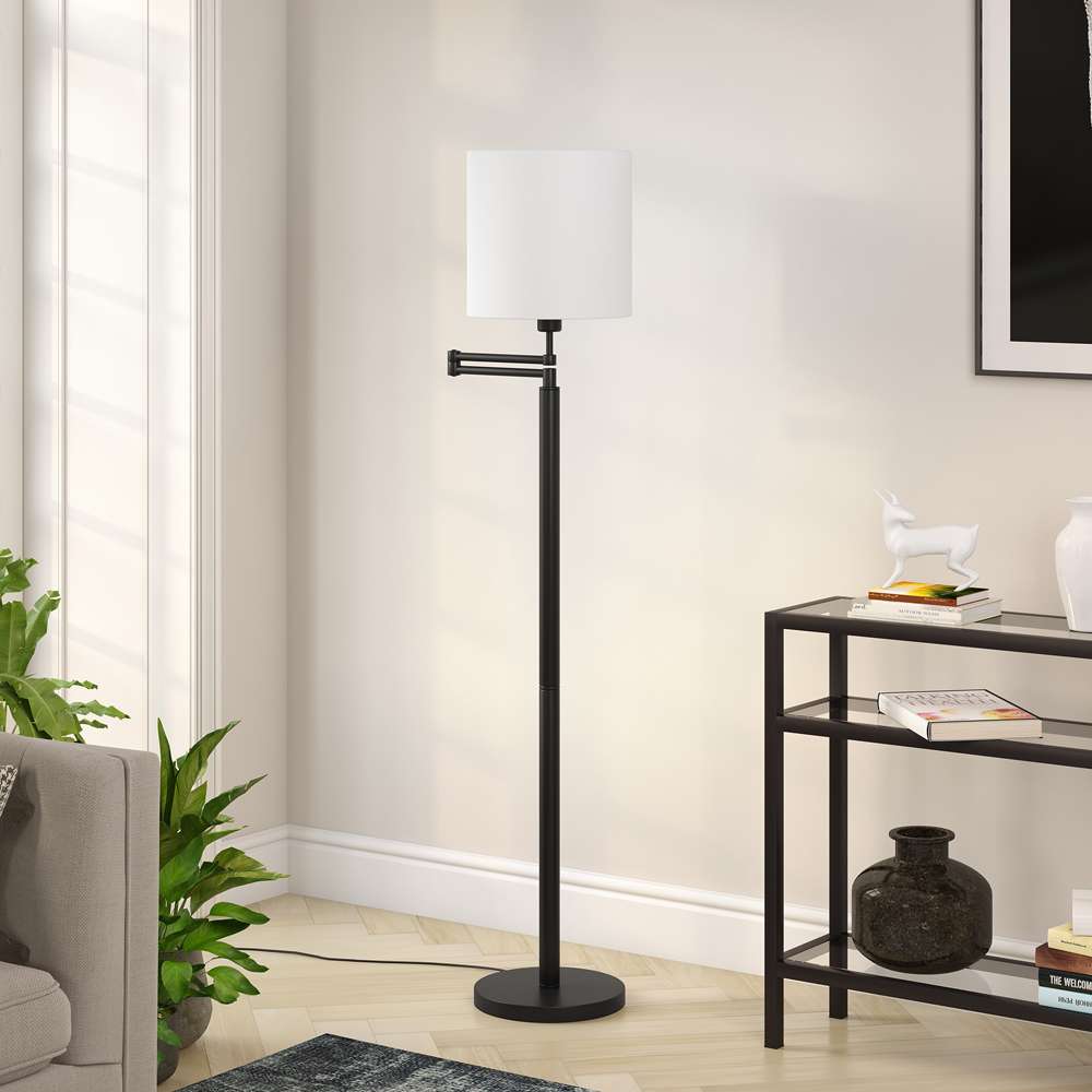 Hudson & Canal - Moby Swing Arm Floor Lamp with Fabric Drum Shade in Blackened Bronze/White - FL0348 veiw 2