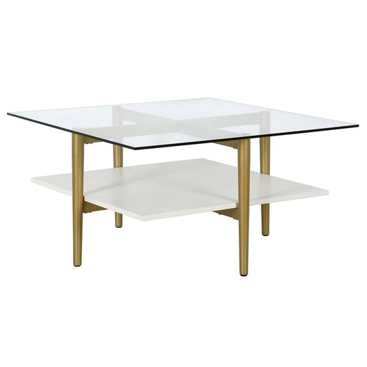 Hudson & Canal - Otto 32in Wide Square Coffee Table with White Lacquer Shelf in Brass - CT1465 veiw 1