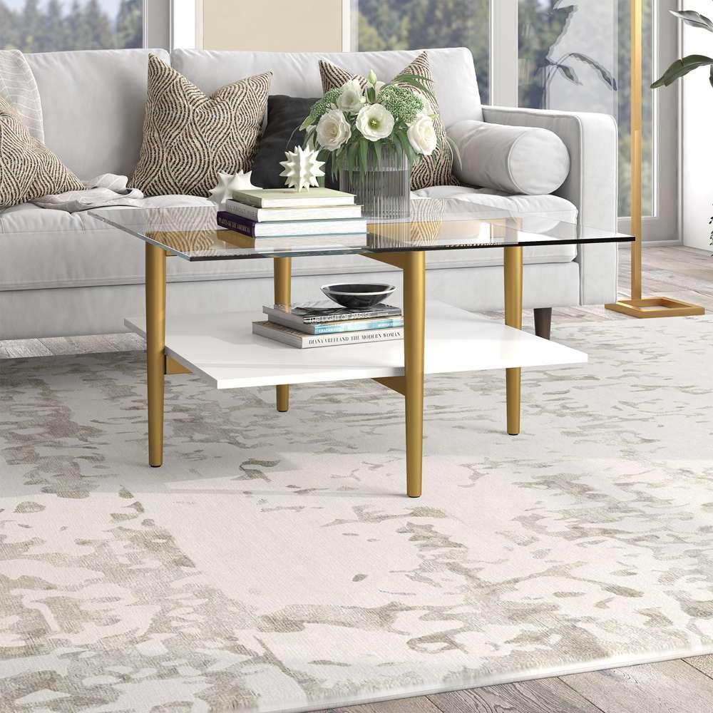 Hudson & Canal - Otto 32in Wide Square Coffee Table with White Lacquer Shelf in Brass - CT1465 veiw 2
