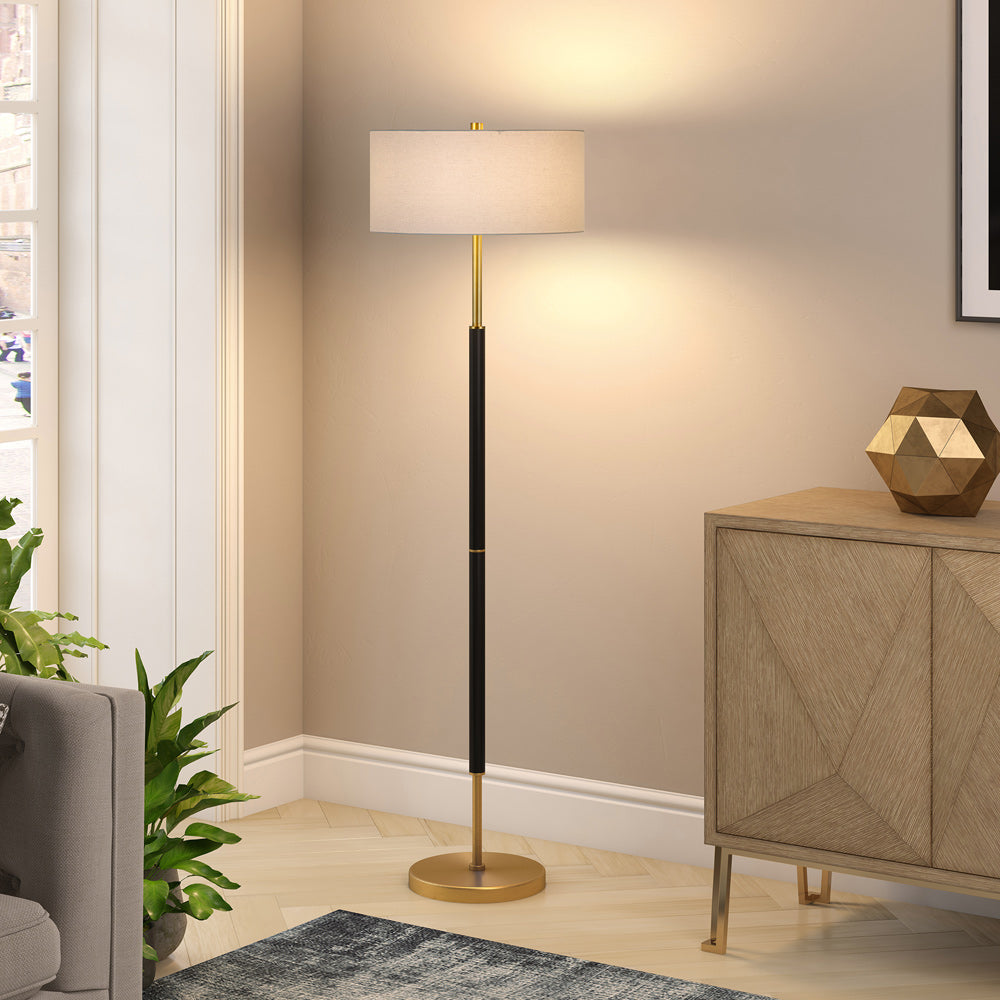 Hudson & Canal - Simone 2-Light Floor Lamp with Fabric Shade in Matte Black/Brass/White - FL0159