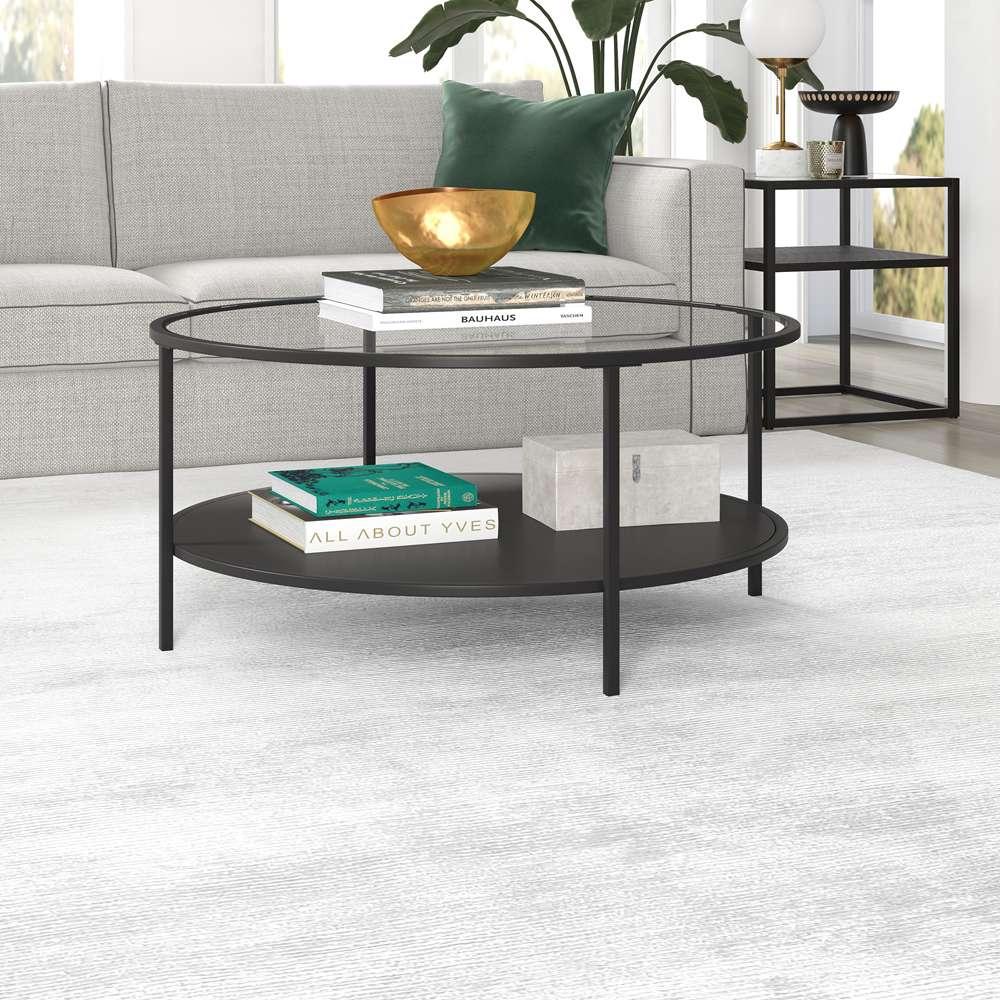 Hudson & Canal - Sivil 36in Wide Round Coffee Table with Glass Top and Metal Shelf in Blackened Bronze - CT1754 veiw 2