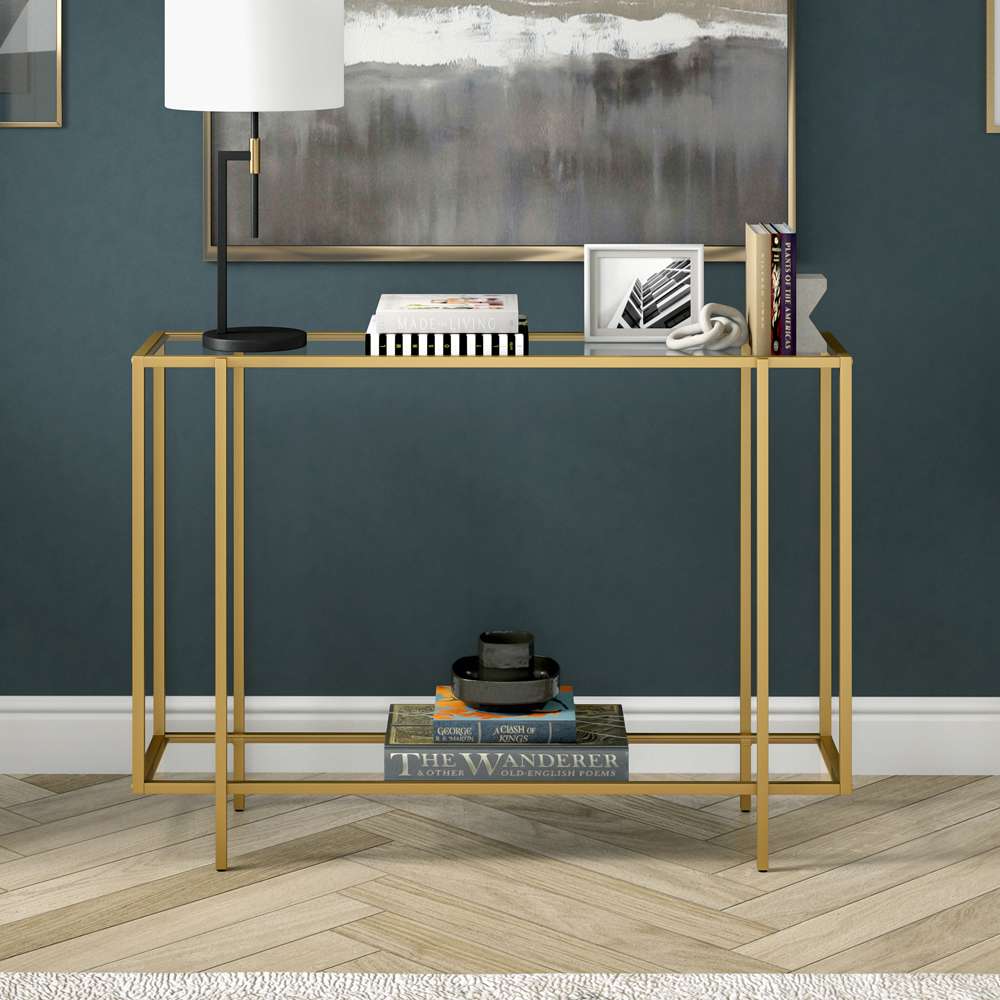 Hudson & Canal - Vireo 42in Wide Rectangular Console Table with Glass Shelf in Brushed Brass - AT1751 veiw 2