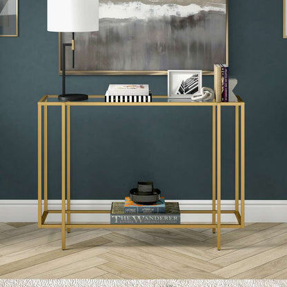 Hudson & Canal - Vireo 42in Wide Rectangular Console Table with Glass Shelf in Brushed Brass - AT1751 veiw 2